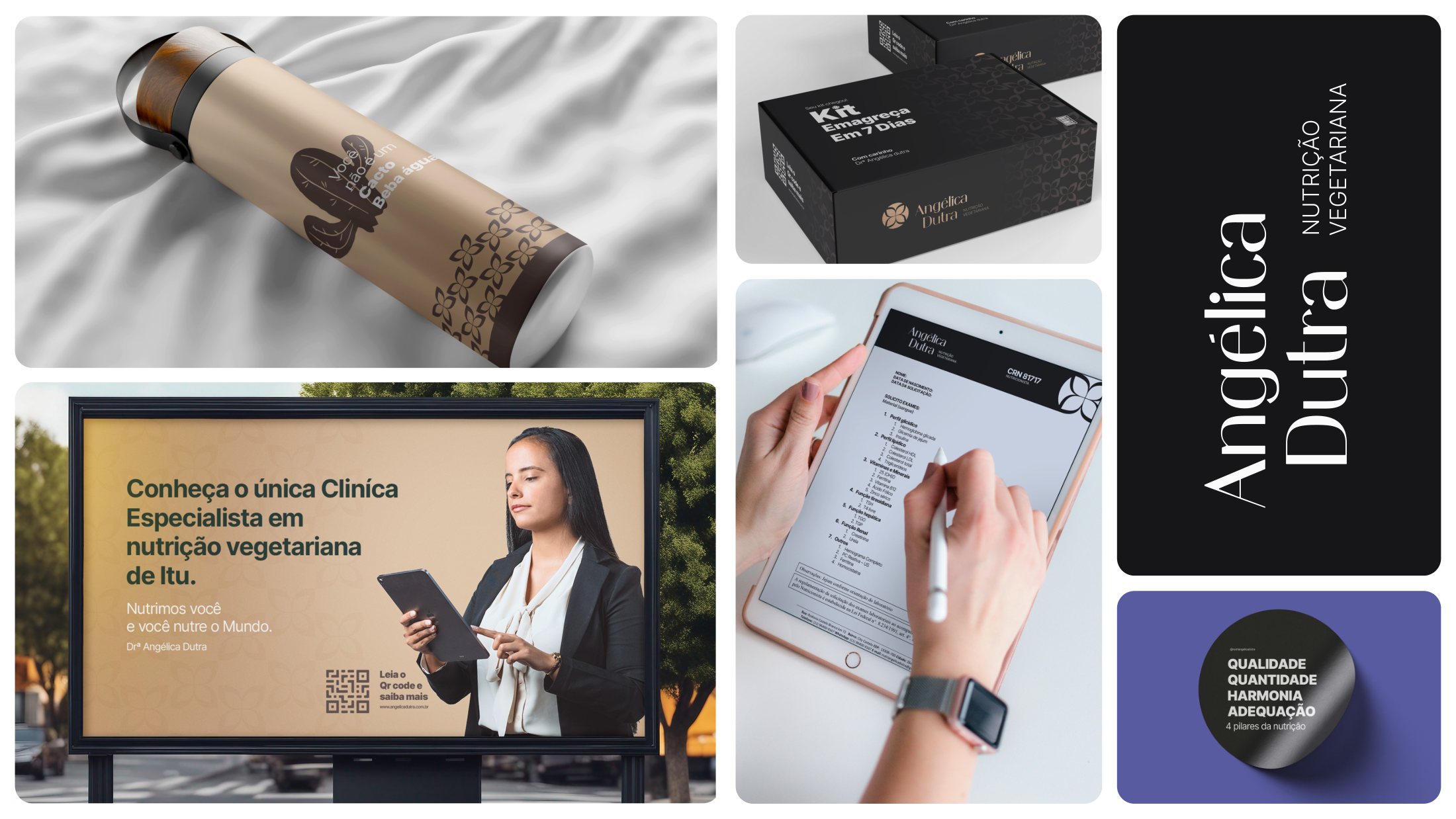 Aplicações — garrafa, kit, outdoor, receituário, cartões e adesivos