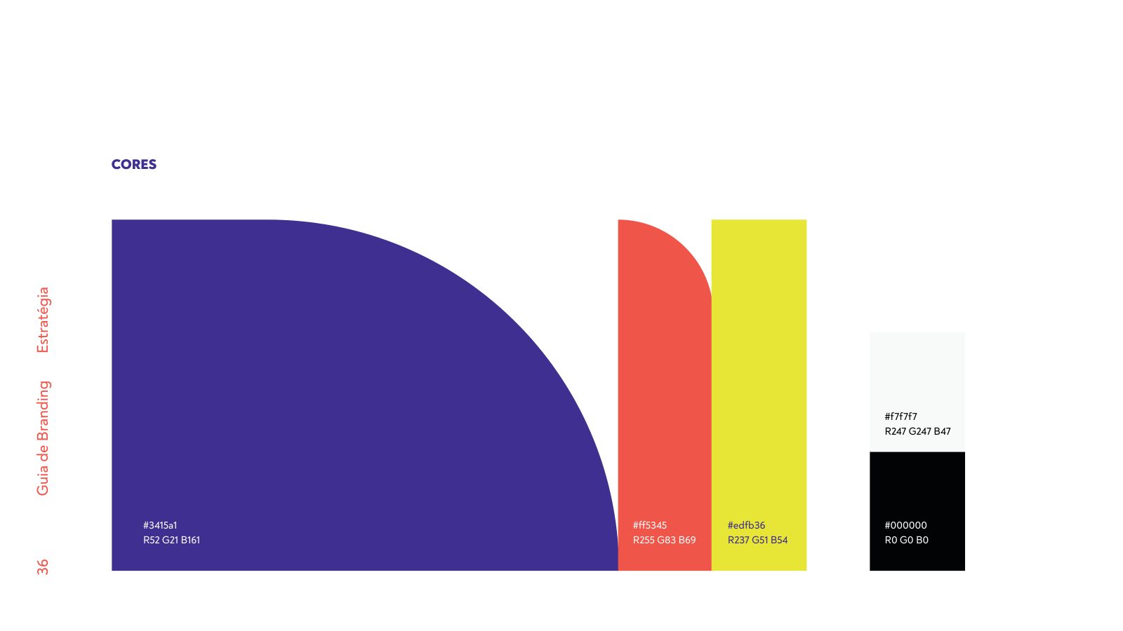 Cores — roxo #3415A1, amarelo #EDFB36, coral e off-white