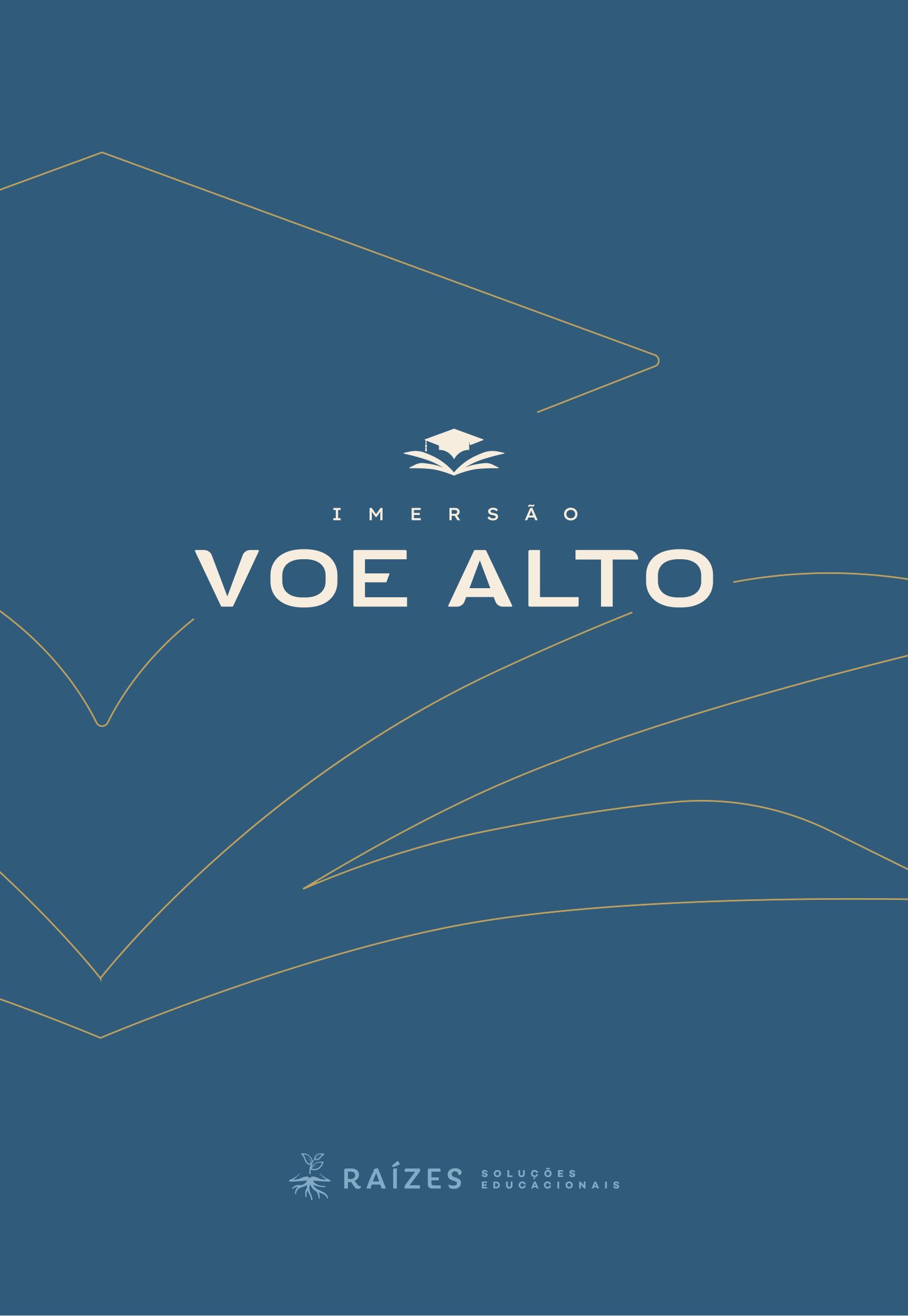 Caderno oficial — capa azul-noite com padrão de livros em elevação